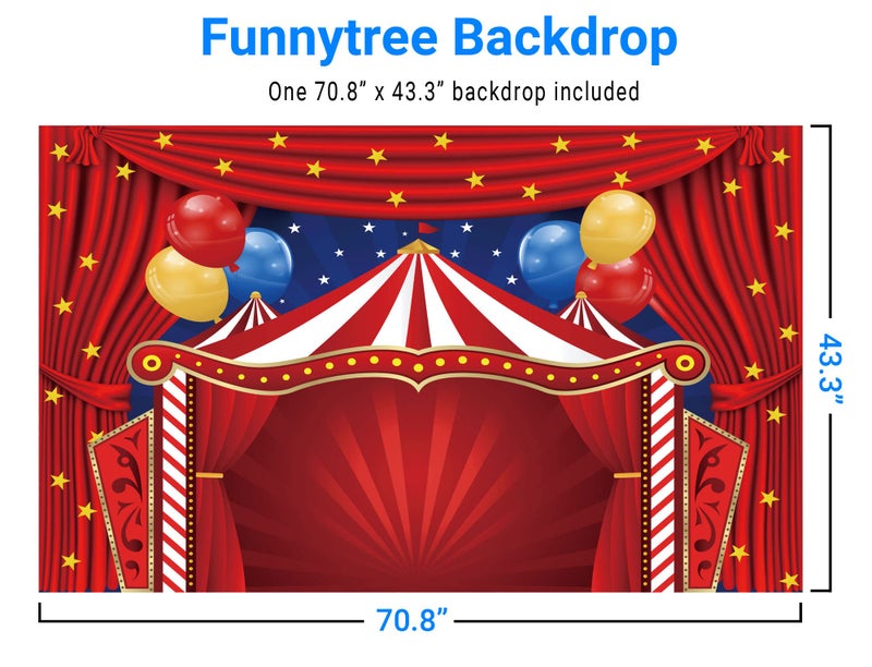 Funnytree Big Top Circus Theme Party Backdrop Carnival Carousel Red Tent Baby Shower Birthday Photography Background Cartoon Curtain Stars Balloon Cake Table Decorations Banner Photo Booth - Image 2